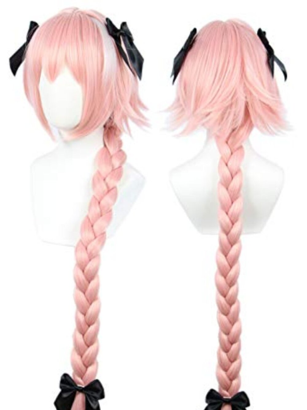 Long‎ pink Cosplay Wig with 3 Bowknot Halloween Costume Wig for Women Braid Hair